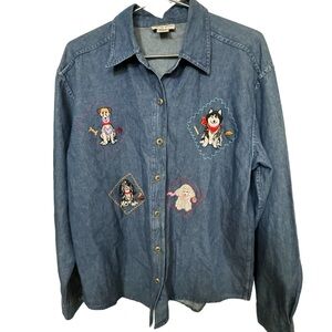 Vintage Mary Jane Rayon Blend Denim Jean Button Down Funky DOGS Shirt Women’s M